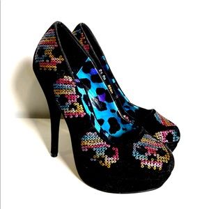 Iron Fist Skull Bling Rainbow Sequin Rockabilly Platform Heels Size U.S. 7 (38)